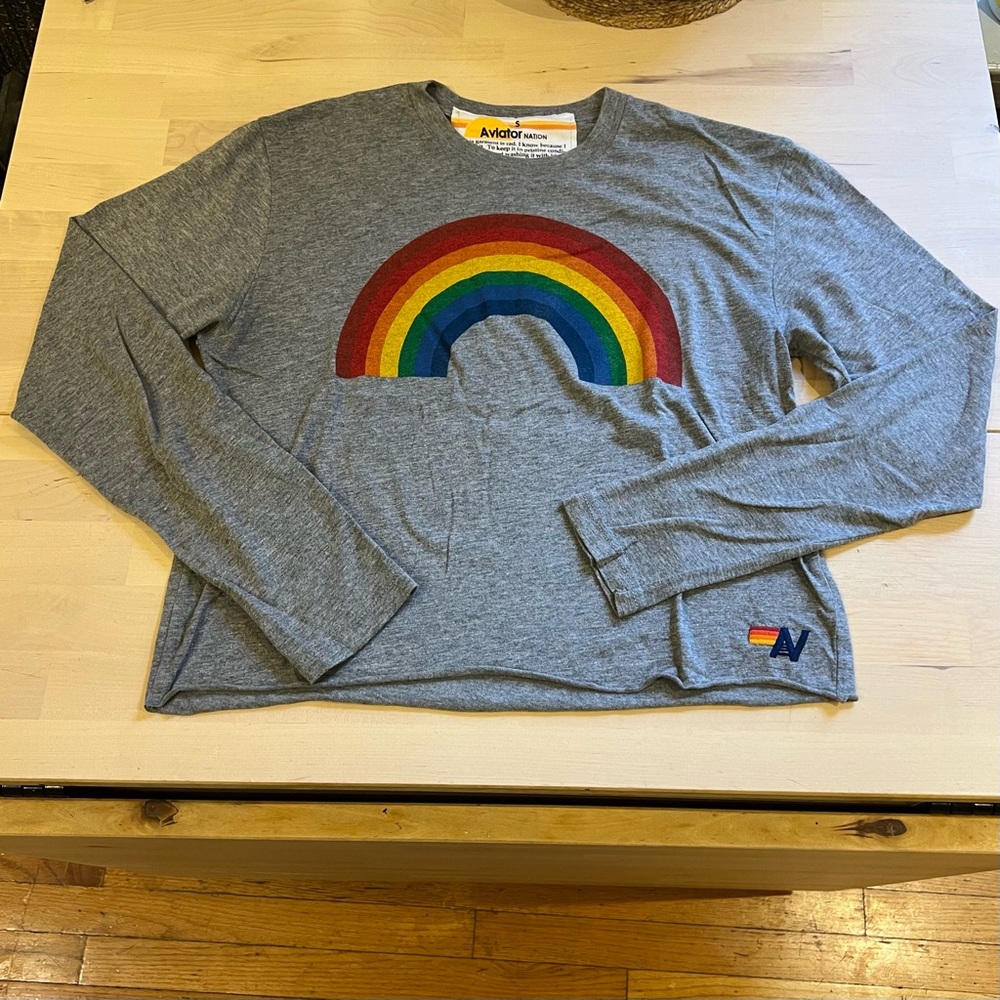 Aviator Nation Women’s Long Sleeve Rainbow Boyfriend Tee - Heather Gray - S